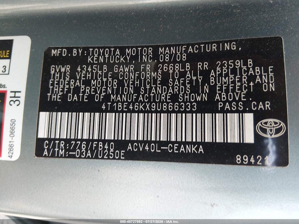 4T1BE46KX9U866333 2009 TOYOTA CAMRY photo no. 9