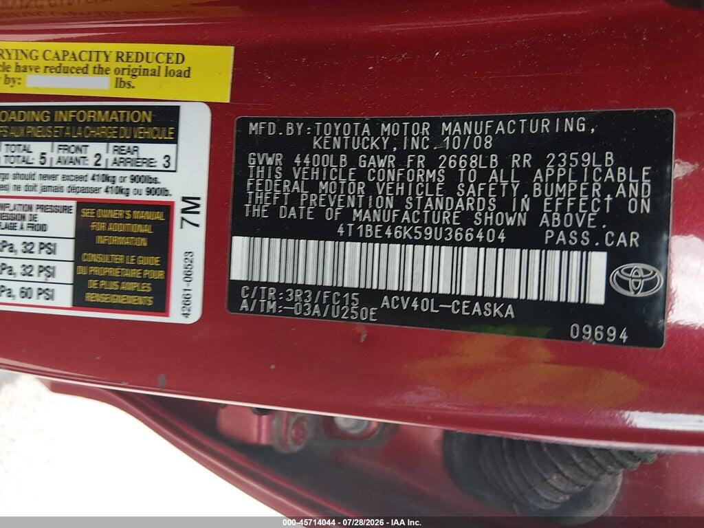 4T1BE46K59U366404 2009 TOYOTA CAMRY photo no. 9