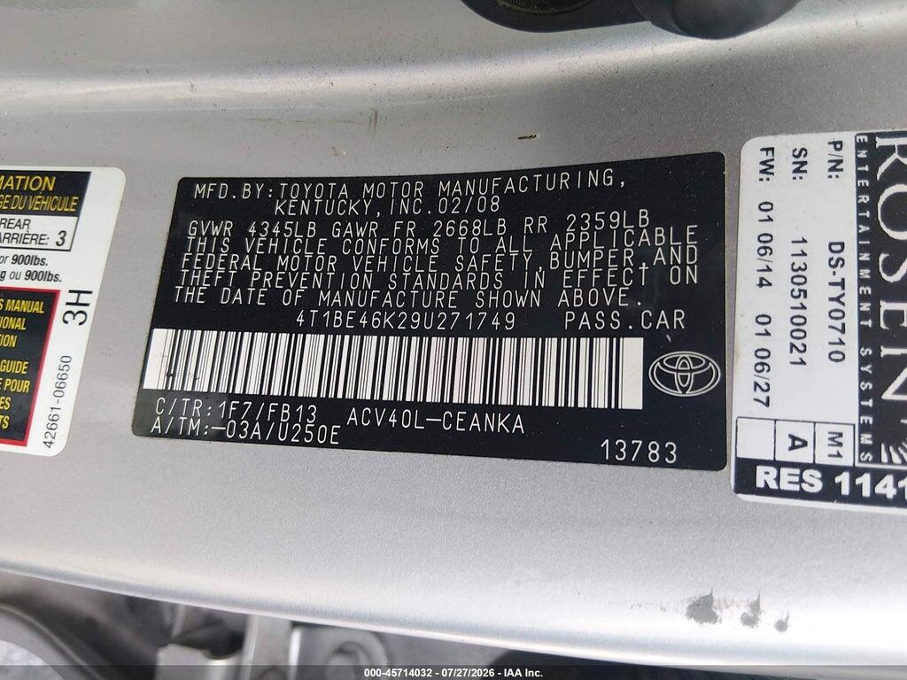 4T1BE46K29U271749 2009 TOYOTA CAMRY photo no. 9