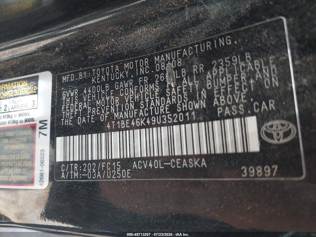 4T1BE46K49U352011 2009 TOYOTA CAMRY photo no. 9