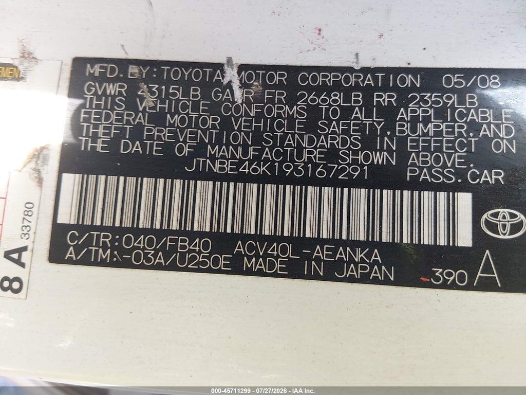 JTNBE46K193167291 2009 TOYOTA CAMRY photo no. 9
