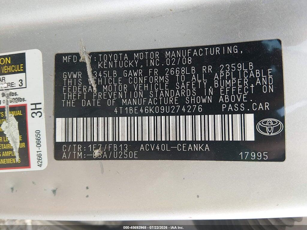 4T1BE46K09U274276 2009 TOYOTA CAMRY photo no. 9