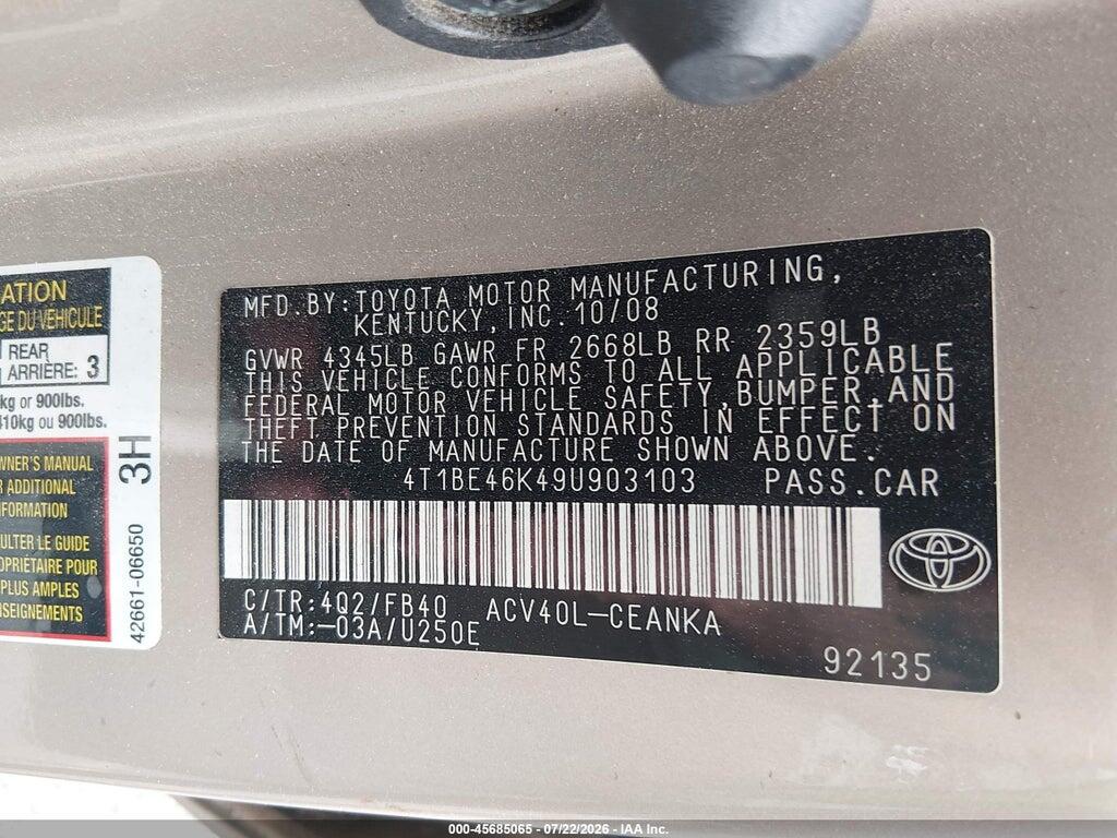 4T1BE46K49U903103 2009 TOYOTA CAMRY photo no. 9
