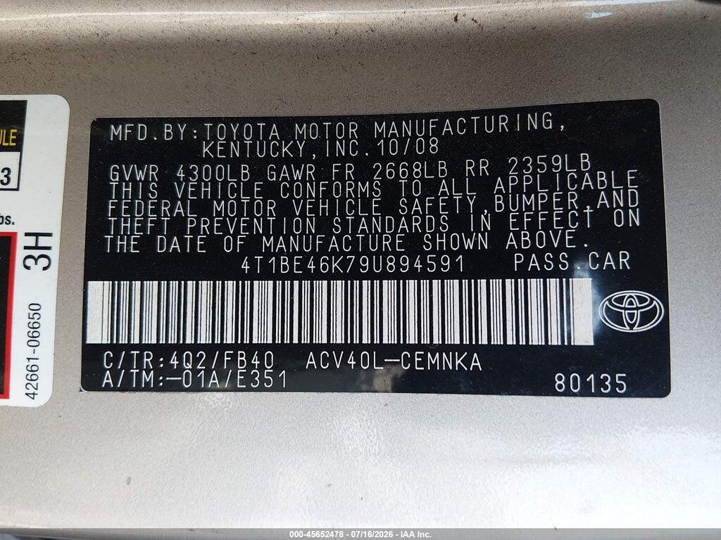 4T1BE46K79U894591 2009 TOYOTA CAMRY photo no. 9