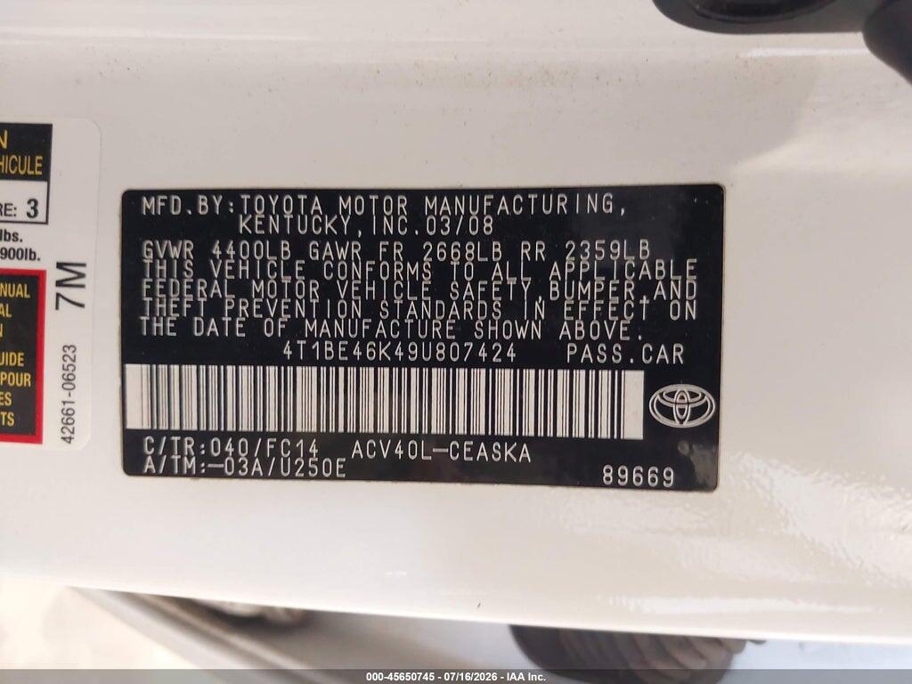 4T1BE46K49U807424 2009 TOYOTA CAMRY photo no. 9