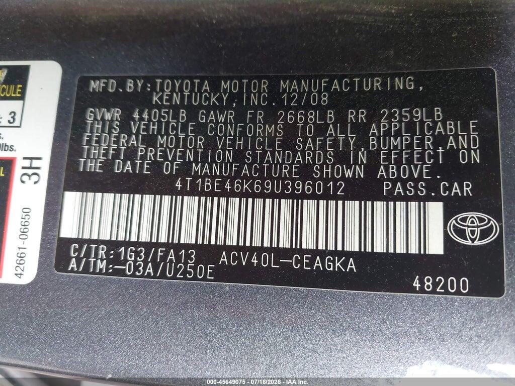 4T1BE46K69U396012 2009 TOYOTA CAMRY photo no. 9