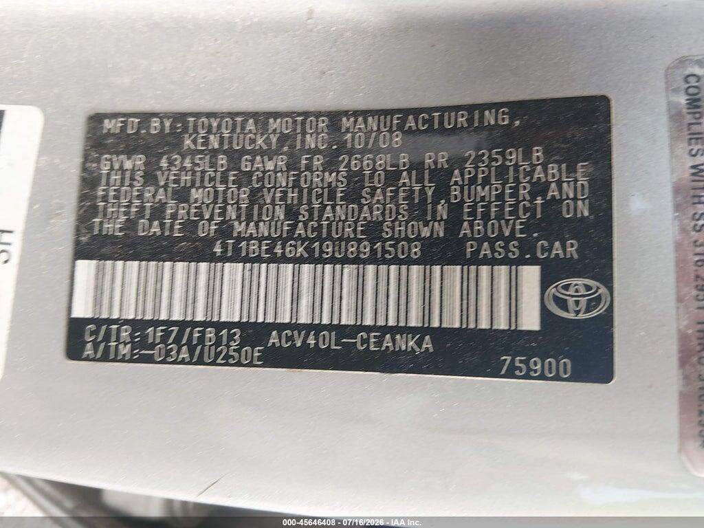 4T1BE46K19U891508 2009 TOYOTA CAMRY photo no. 9