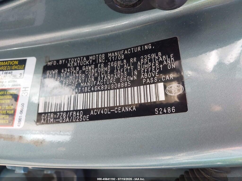 4T1BE46K89U908885 2009 TOYOTA CAMRY photo no. 9