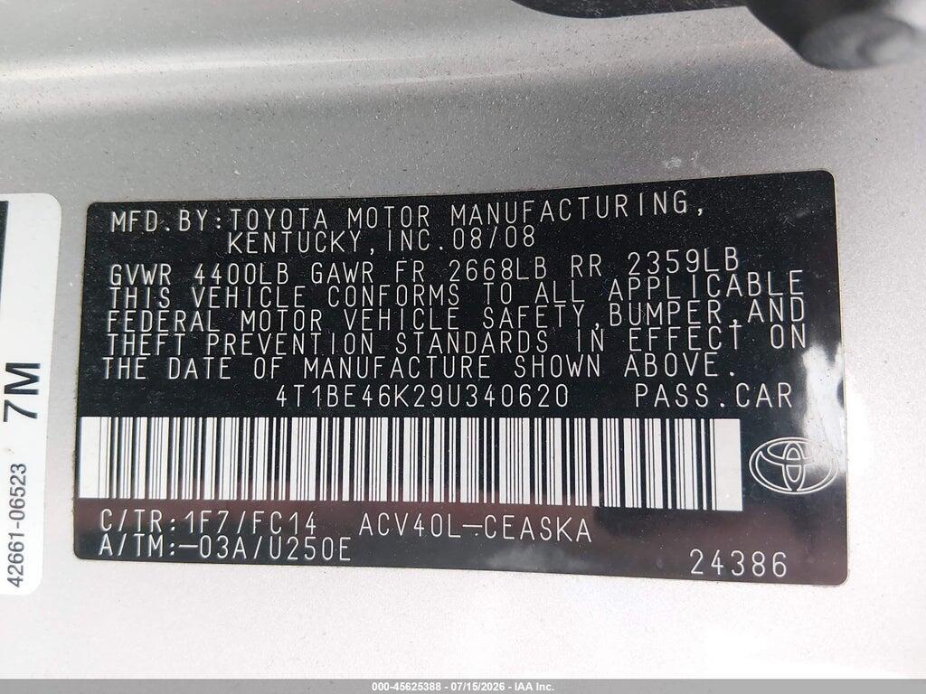 4T1BE46K29U340620 2009 TOYOTA CAMRY photo no. 9