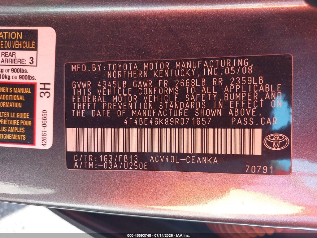 4T4BE46K89R071657 2009 TOYOTA CAMRY photo no. 9