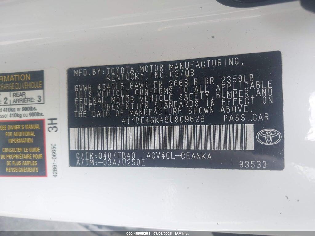 4T1BE46K49U809626 2009 TOYOTA CAMRY photo no. 9