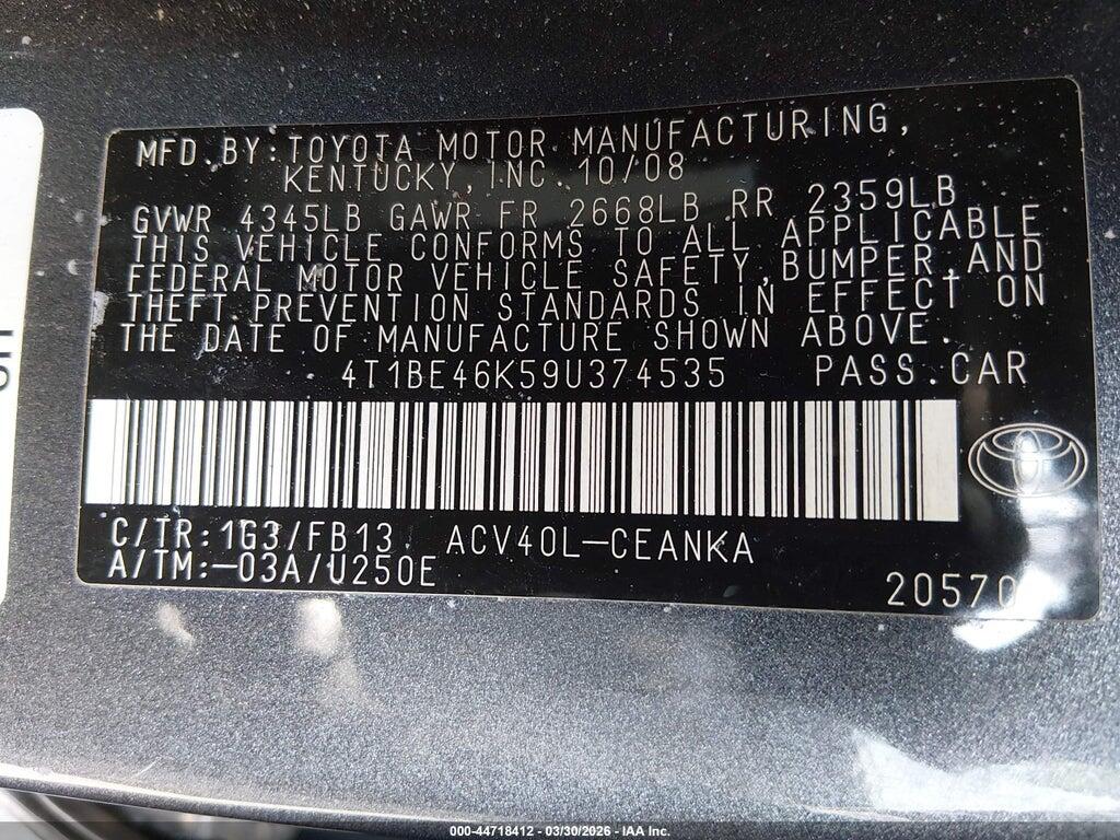 4T1BE46K59U374535 2009 TOYOTA CAMRY photo no. 9