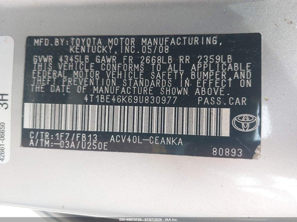 4T1BE46K69U830977 2009 TOYOTA CAMRY photo no. 9