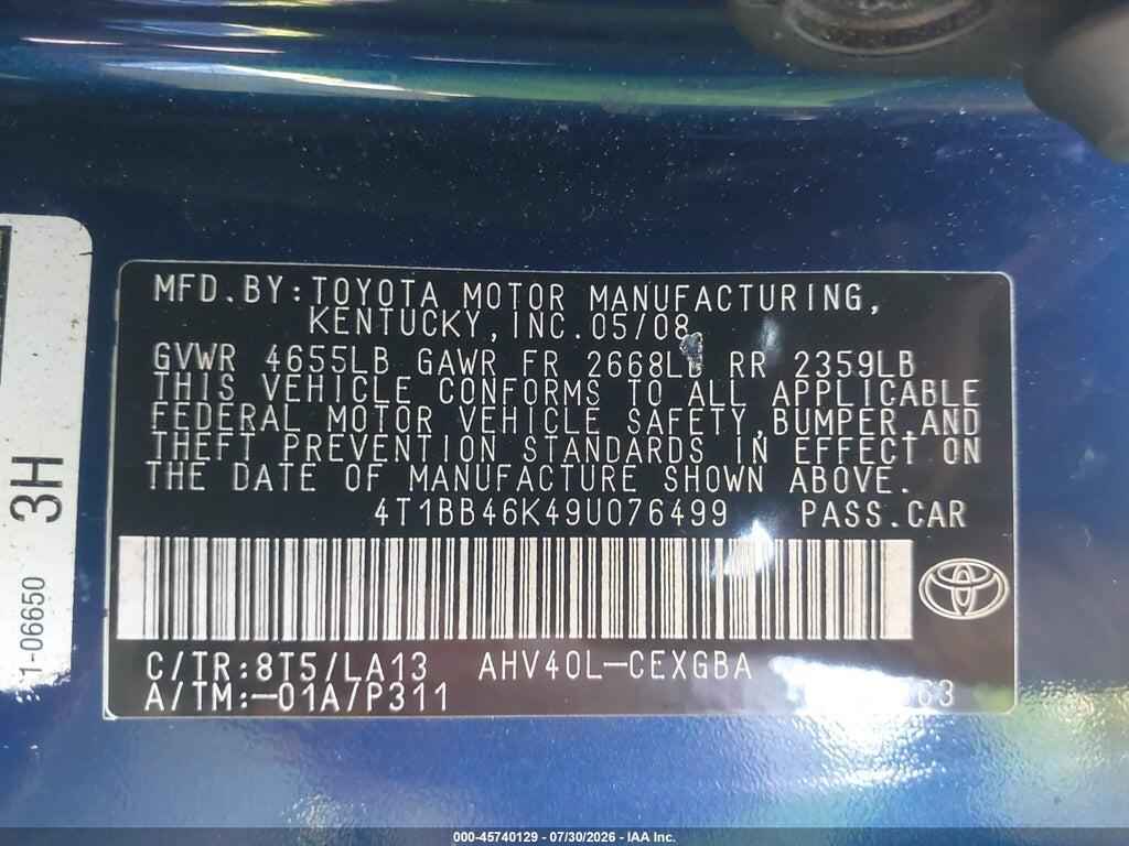 4T1BB46K49U076499 2009 TOYOTA CAMRY HYBRID photo no. 9