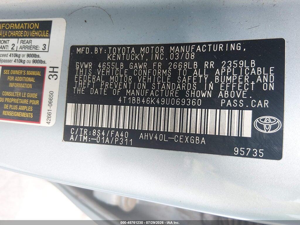 4T1BB46K49U069360 2009 TOYOTA CAMRY HYBRID photo no. 9