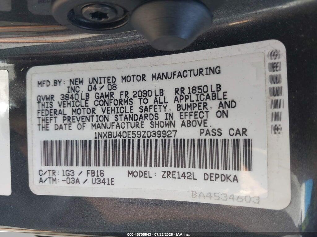 1NXBU40E59Z039927 2009 TOYOTA COROLLA photo no. 9