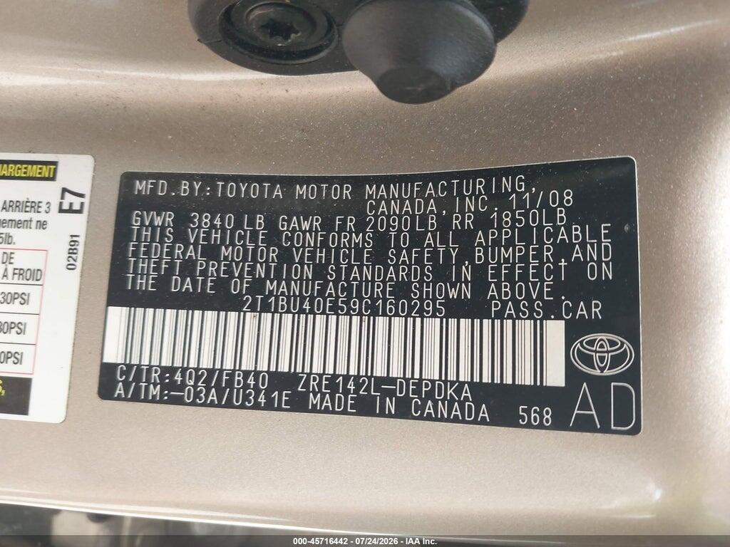 2T1BU40E59C160295 2009 TOYOTA COROLLA photo no. 9