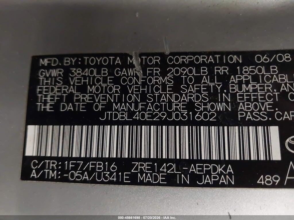 JTDBL40E29J031602 2009 TOYOTA COROLLA photo no. 9