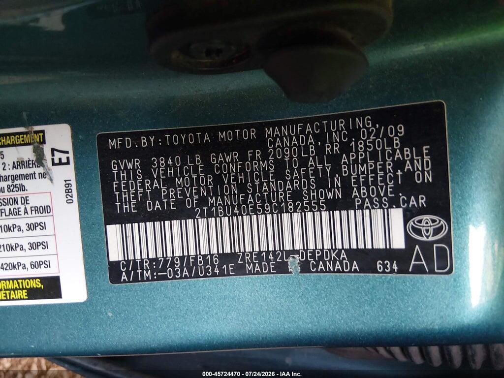 2T1BU40E59C182555 2009 TOYOTA COROLLA photo no. 9