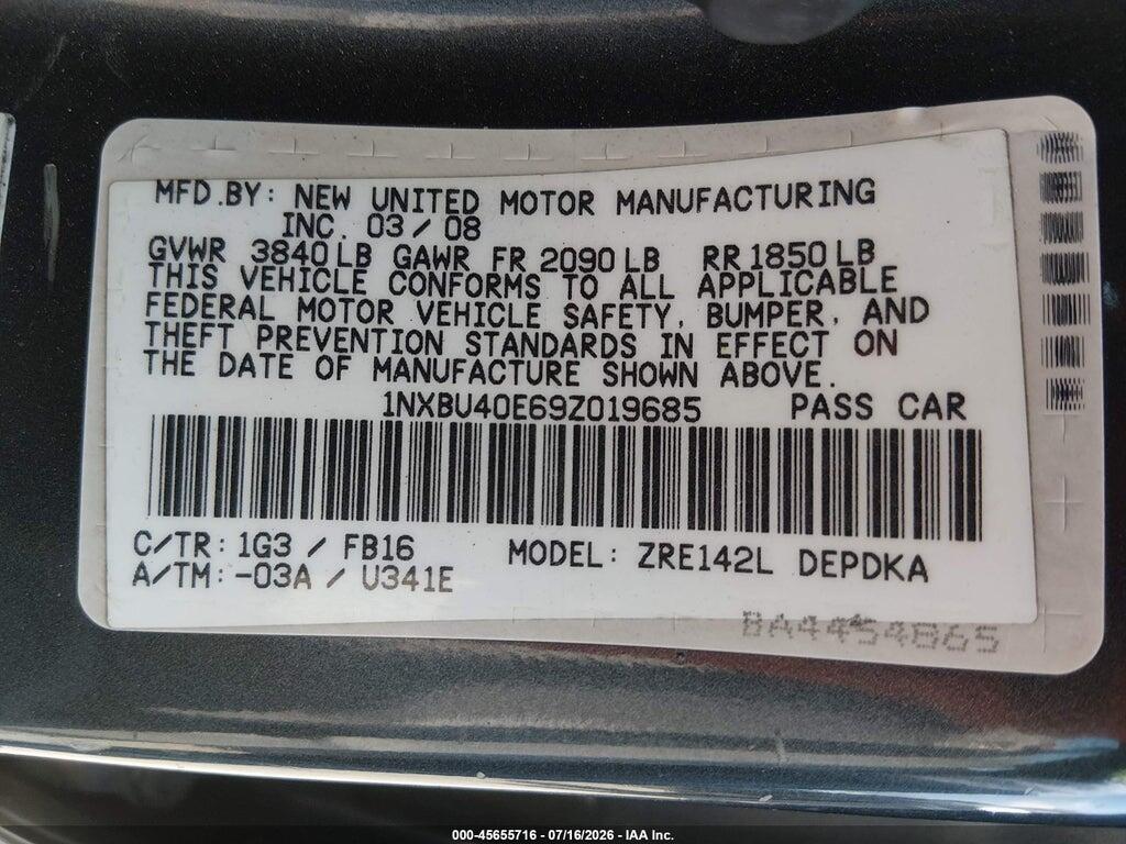 1NXBU40E69Z019685 2009 TOYOTA COROLLA photo no. 9