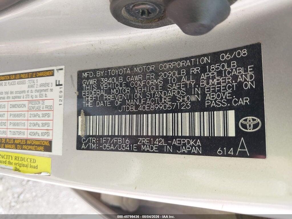 JTDBL40E899057123 2009 TOYOTA COROLLA photo no. 9