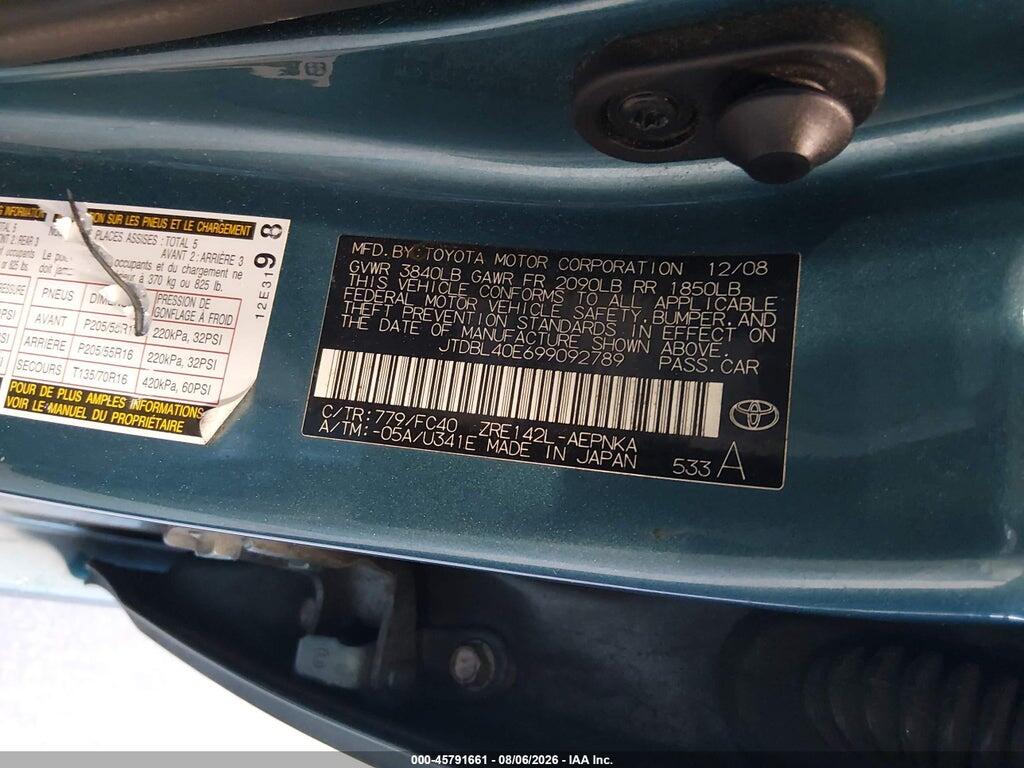 JTDBL40E699092789 2009 TOYOTA COROLLA photo no. 9