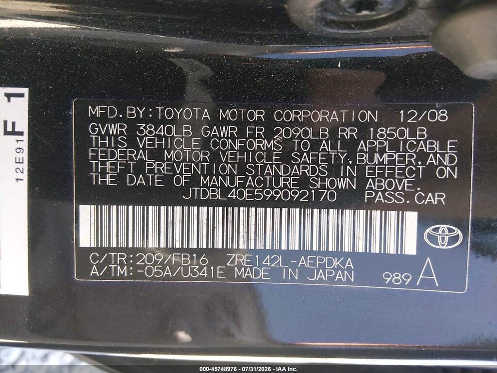JTDBL40E599092170 2009 TOYOTA COROLLA photo no. 9