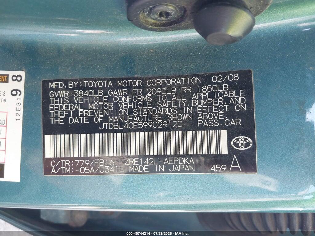 JTDBL40E599029120 2009 TOYOTA COROLLA photo no. 9