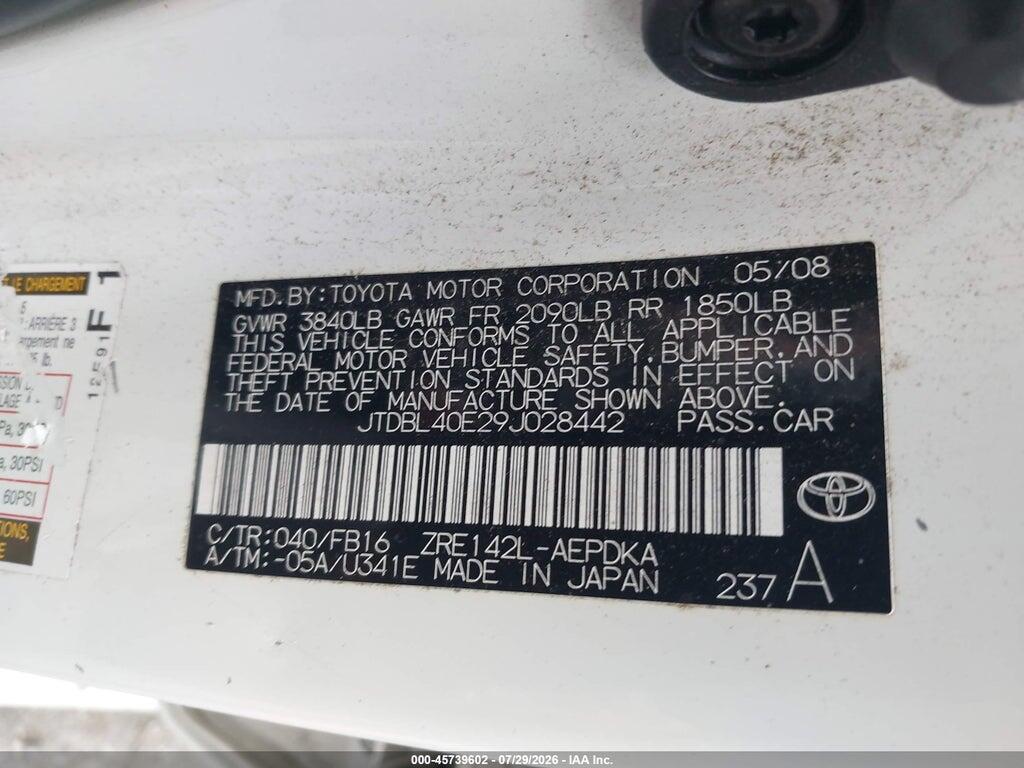 JTDBL40E29J028442 2009 TOYOTA COROLLA photo no. 9
