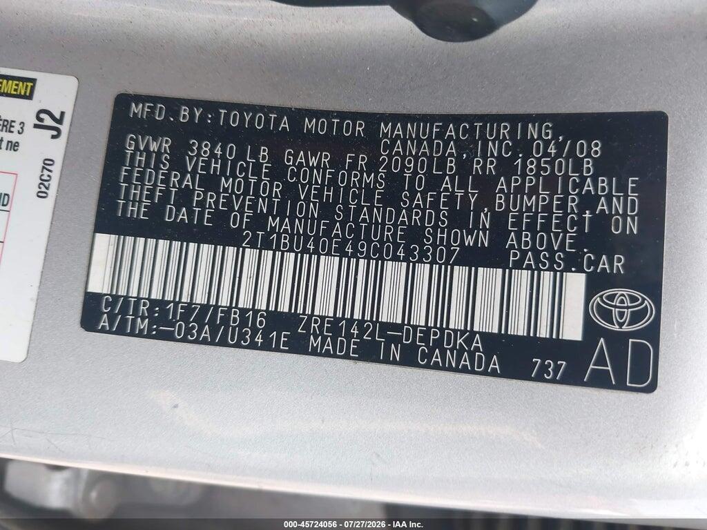 2T1BU40E49C043307 2009 TOYOTA COROLLA photo no. 9