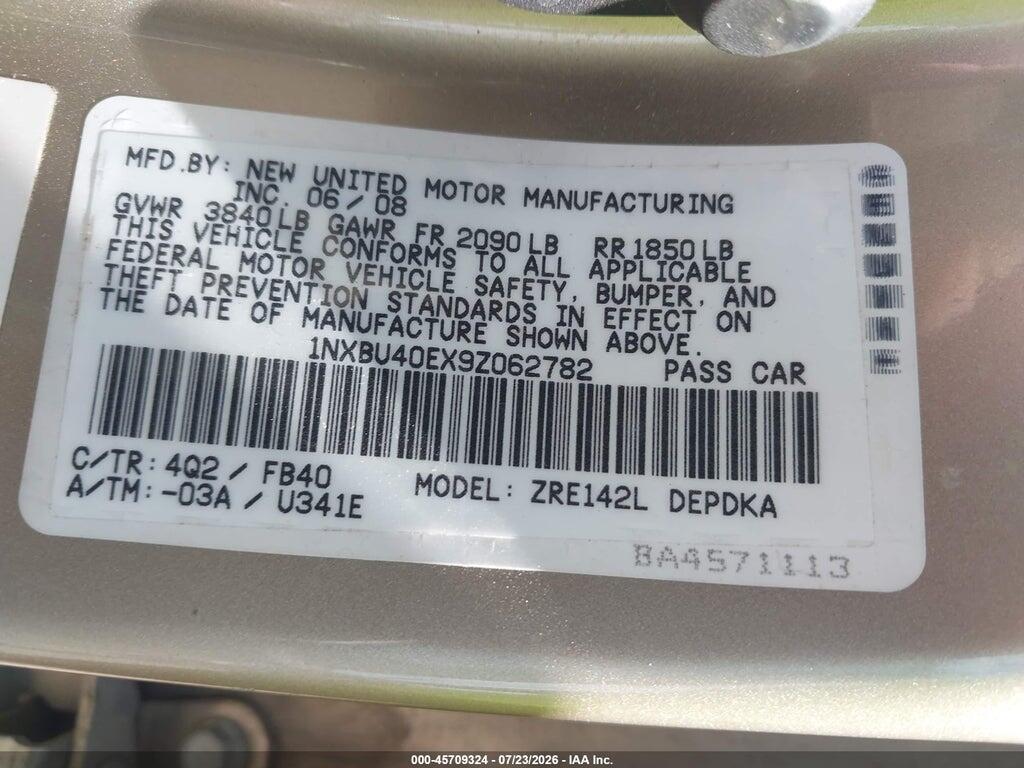 1NXBU40EX9Z062782 2009 TOYOTA COROLLA photo no. 9