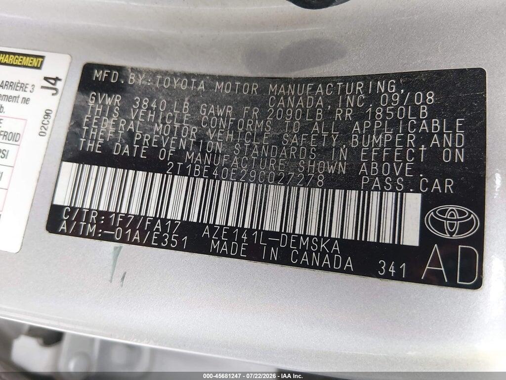 2T1BE40E29C027278 2009 TOYOTA COROLLA photo no. 9