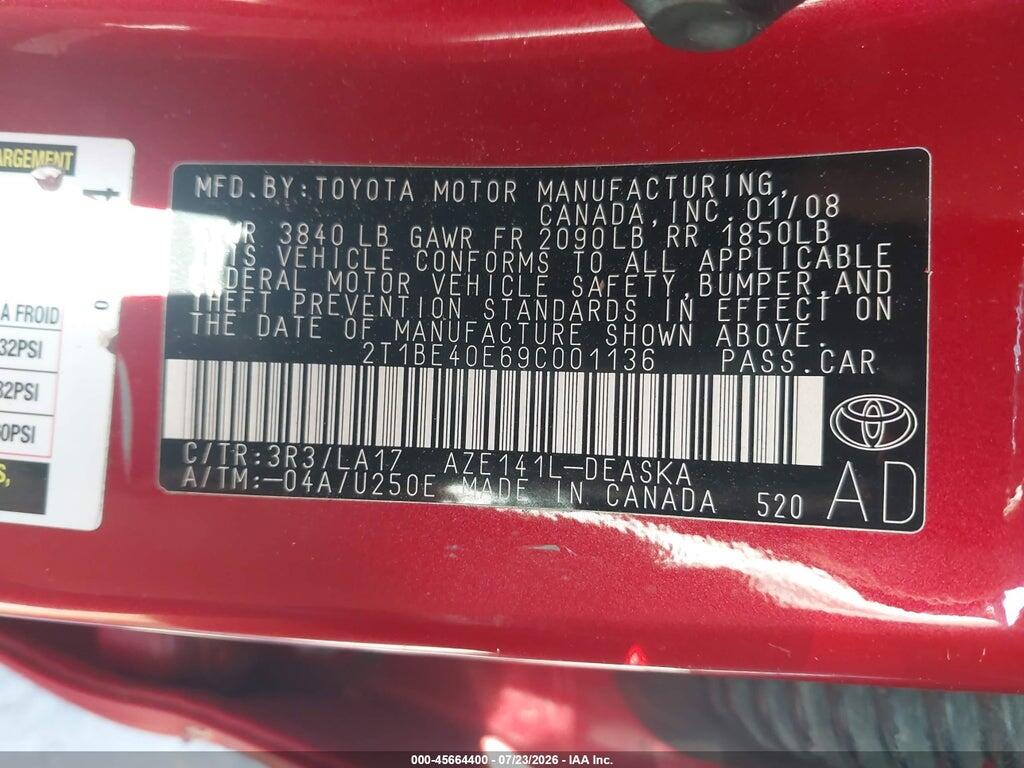 2T1BE40E69C001136 2009 TOYOTA COROLLA photo no. 9