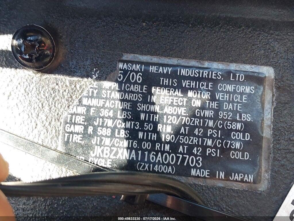 JKBZXNA116A007703 2006 KAWASAKI ZX1400 photo no. 10