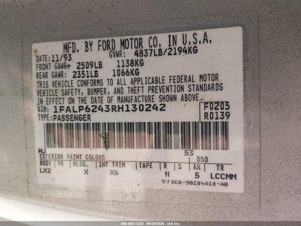 1FALP6243RH130242 1994 FORD THUNDERBIRD photo no. 9