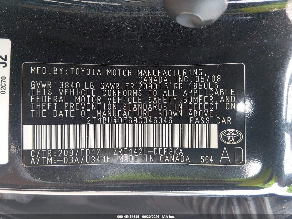 2T1BU40E69C046046 2009 TOYOTA COROLLA photo no. 9