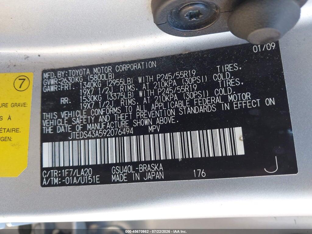 JTEDS43A592076494 2009 TOYOTA HIGHLANDER photo no. 9