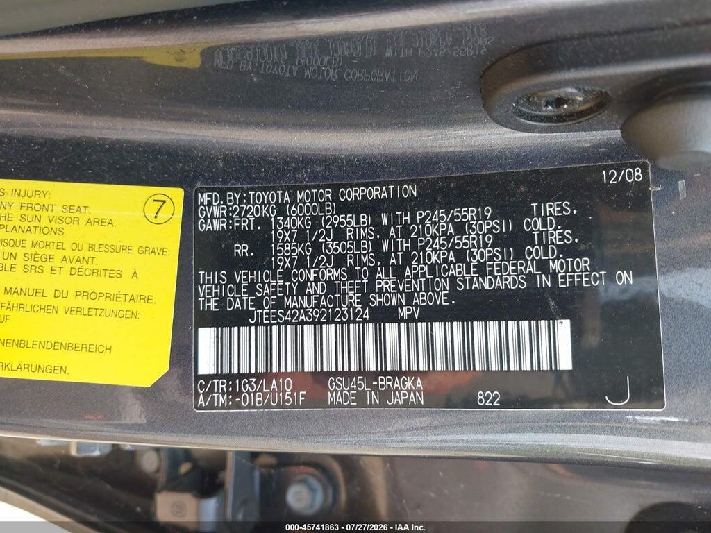 JTEES42A392123124 2009 TOYOTA HIGHLANDER photo no. 9