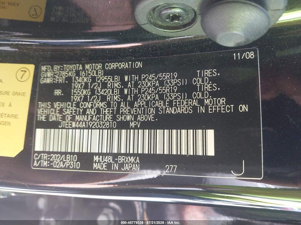 JTEEW44A192032810 2009 TOYOTA HIGHLANDER HYBRID photo no. 9