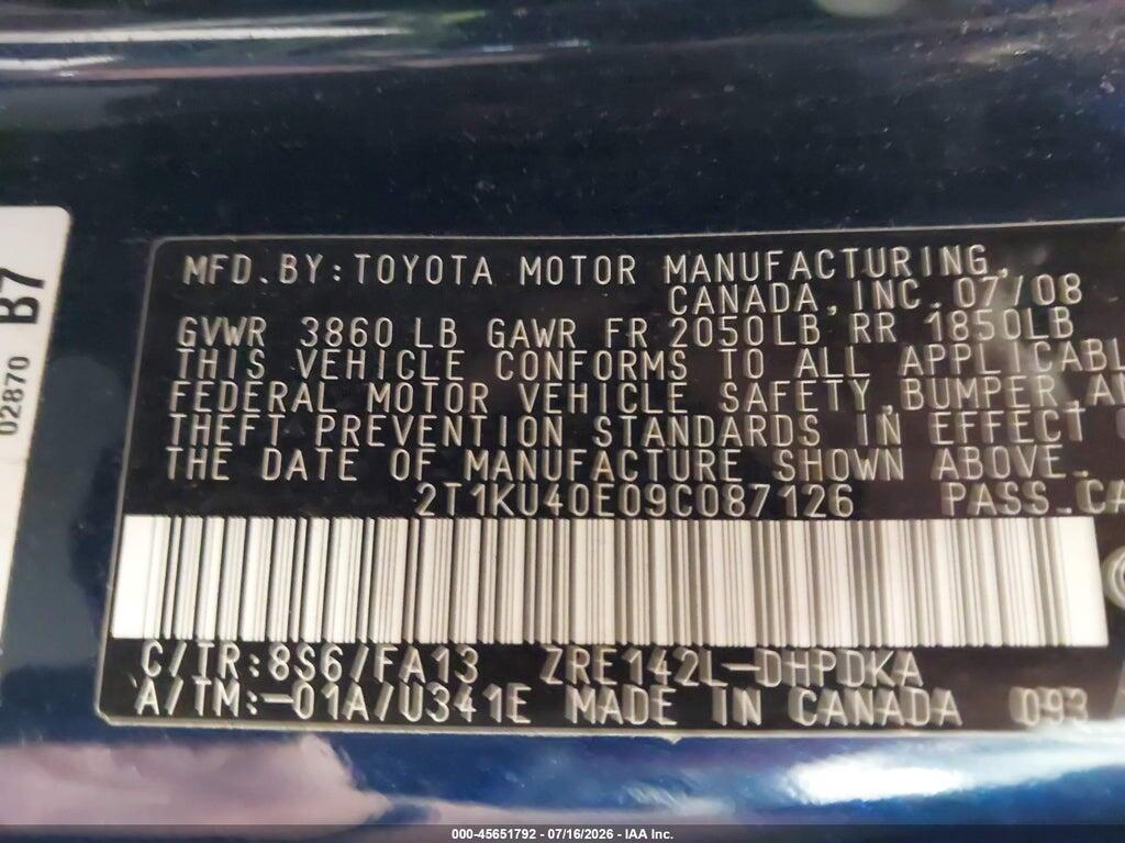 2T1KU40E09C087126 2009 TOYOTA MATRIX photo no. 9