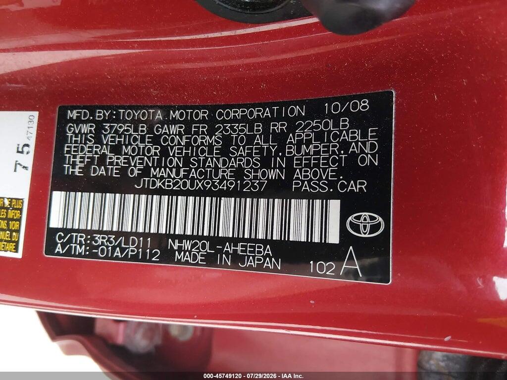 JTDKB20UX93491237 2009 TOYOTA PRIUS photo no. 9