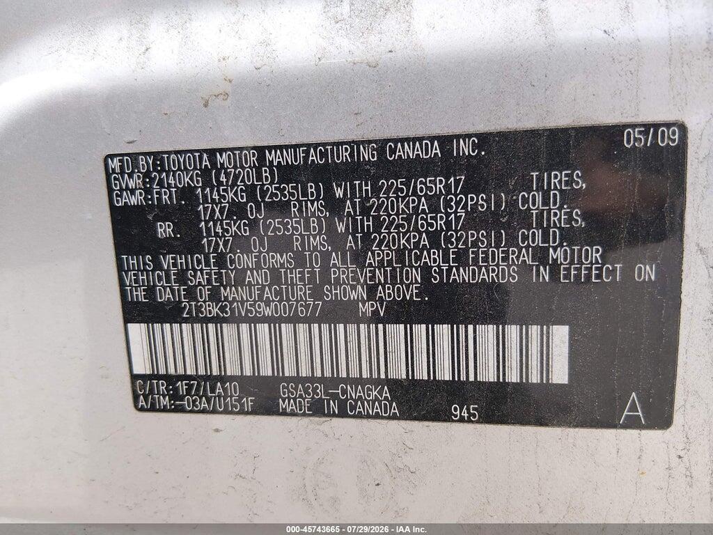 2T3BK31V59W007677 2009 TOYOTA RAV4 photo no. 9