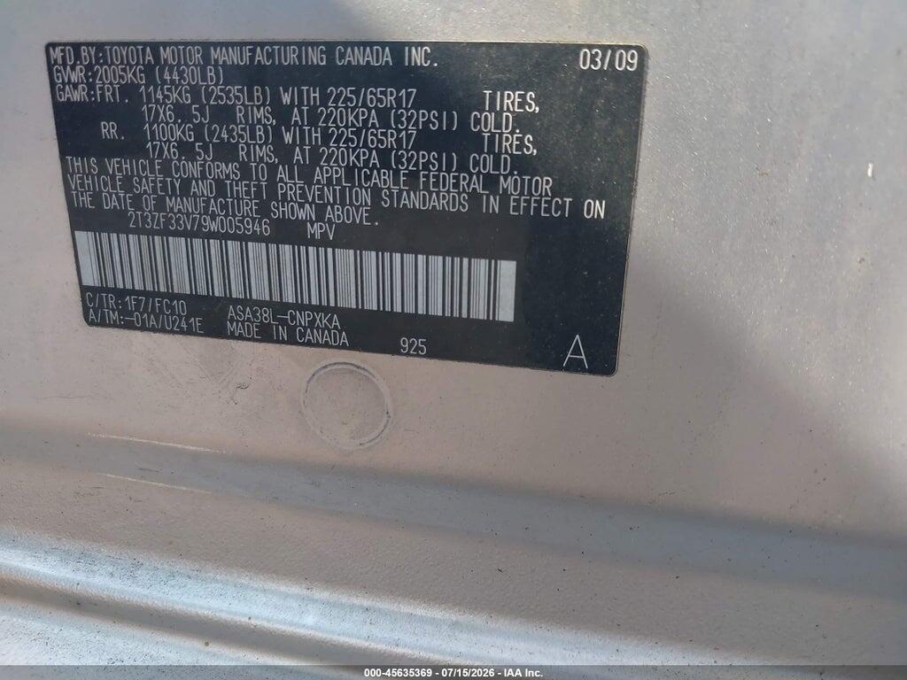 2T3ZF33V79W005946 2009 TOYOTA RAV4 photo no. 9