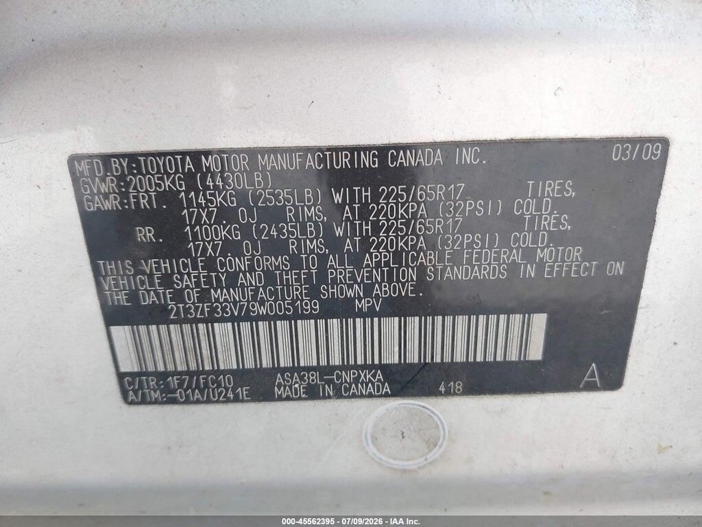 2T3ZF33V79W005199 2009 TOYOTA RAV4 photo no. 9