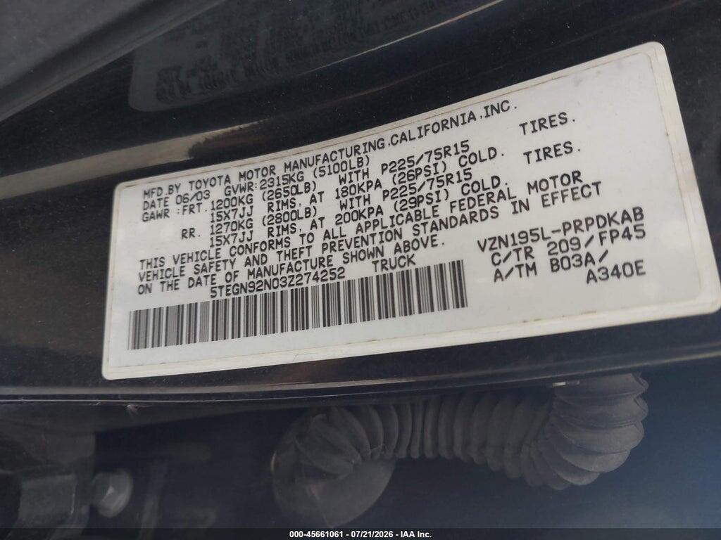 5TEGN92N03Z274252 2003 TOYOTA TACOMA photo no. 9