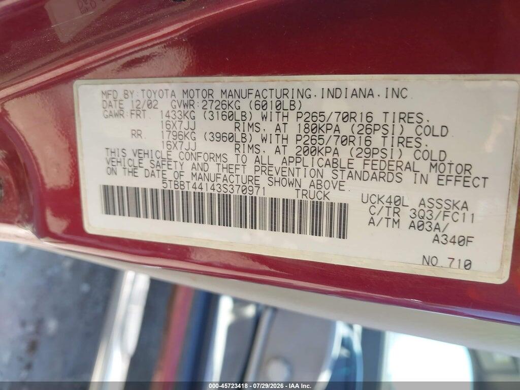 5TBBT44143S370971 2003 TOYOTA TUNDRA photo no. 9