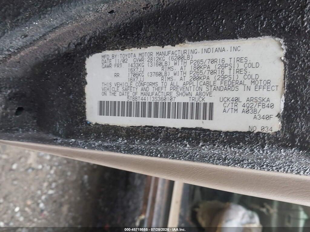 5TBBT44113S360107 2003 TOYOTA TUNDRA photo no. 9