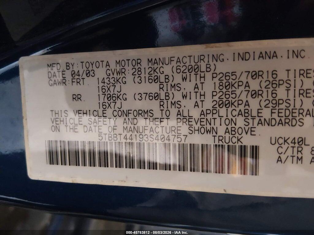 5TBBT44193S404757 2003 TOYOTA TUNDRA photo no. 9