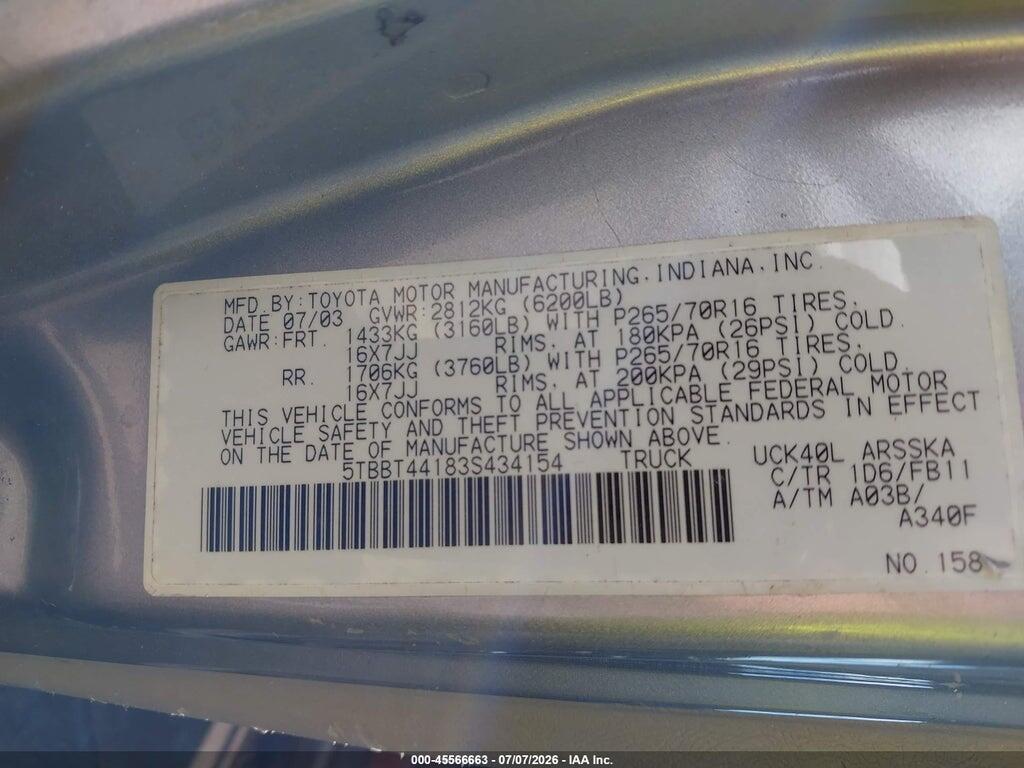 5TBBT44183S434154 2003 TOYOTA TUNDRA photo no. 9