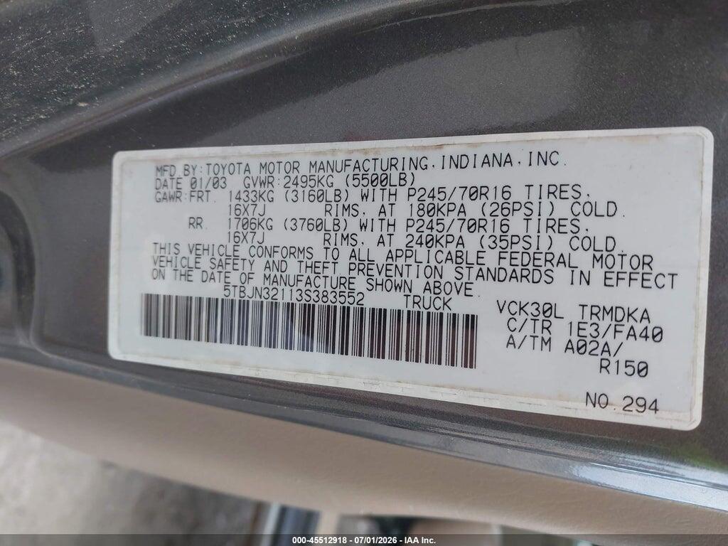5TBJN32113S383552 2003 TOYOTA TUNDRA photo no. 9